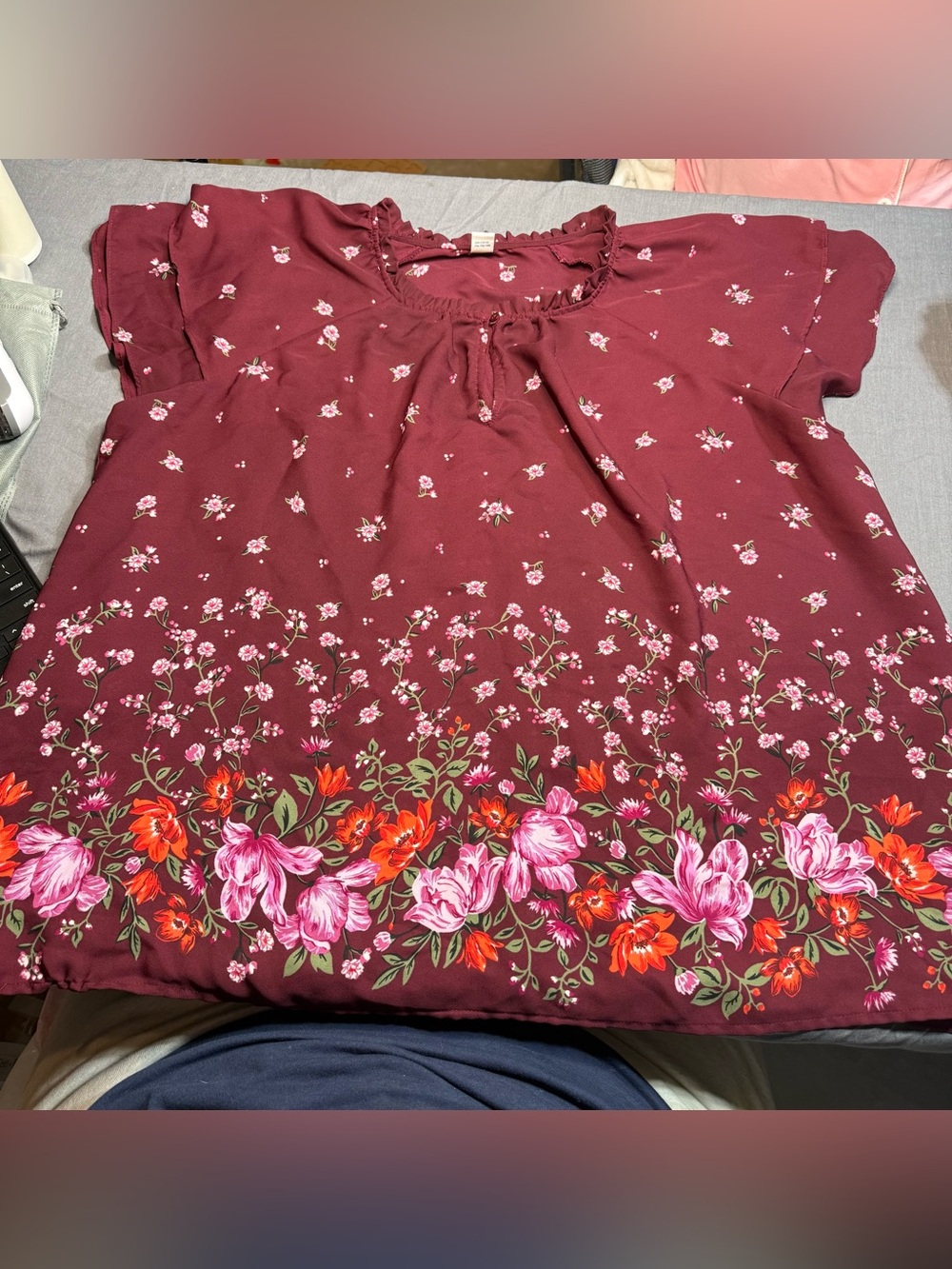 Old Navy Maroon Floral Peasant Top with Pink & Red Accents